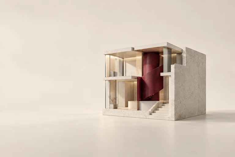 An open architectural model reveals glass floors and a burgundy internal wall.