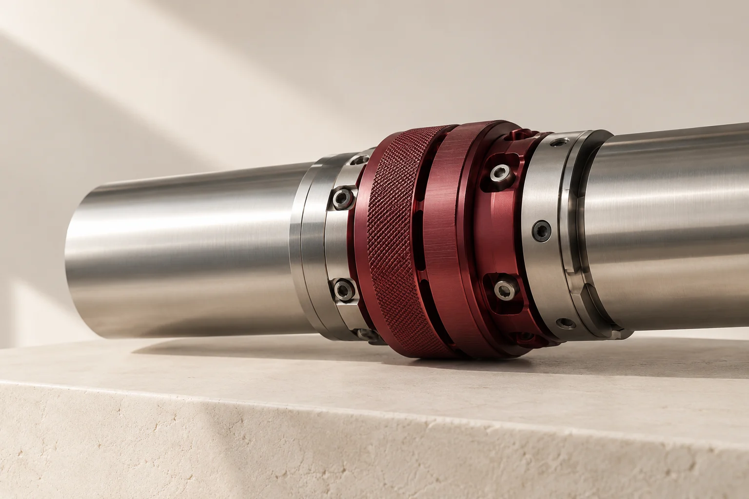 Two precisely machined steel sections joined by an adjustable burgundy coupling.