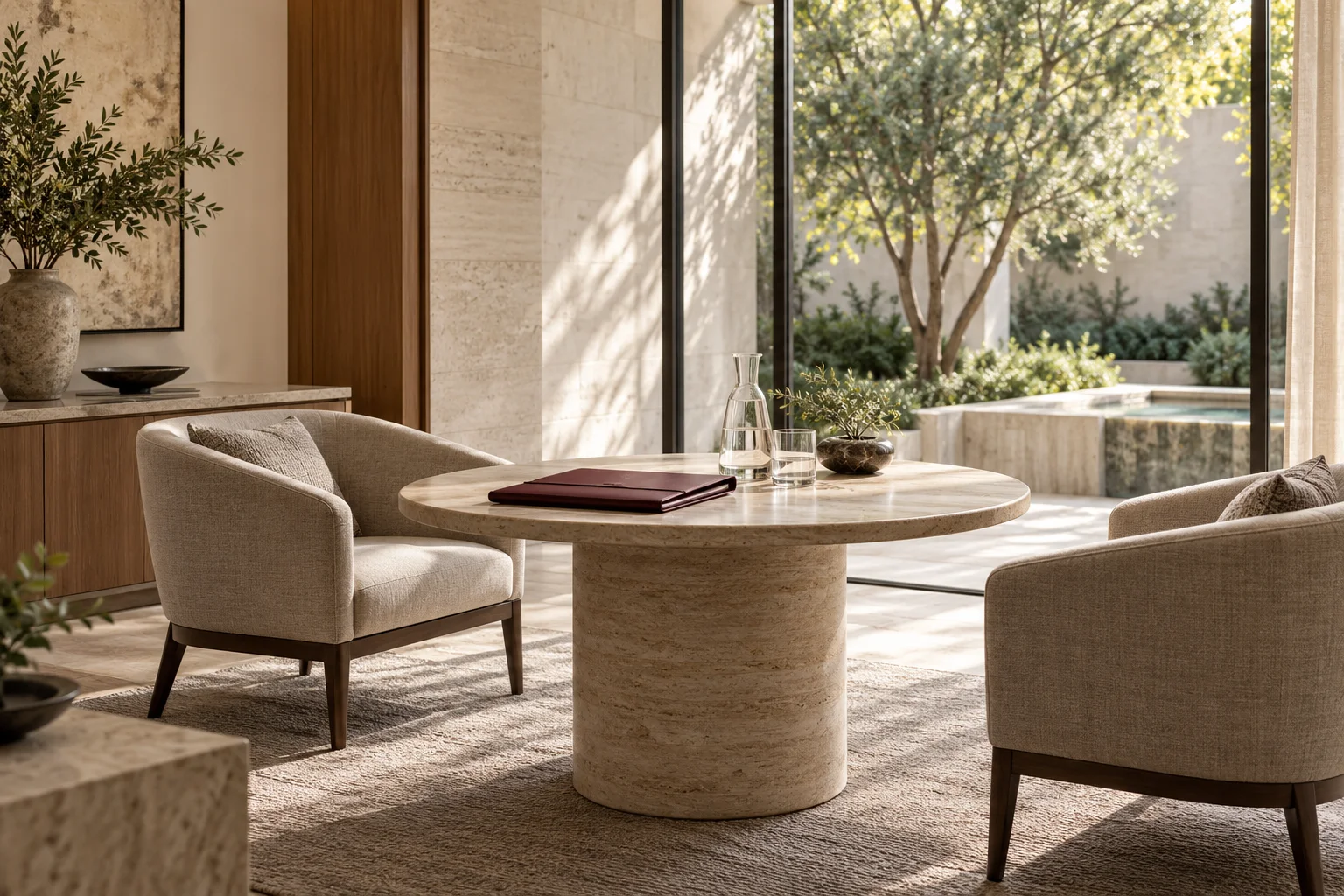 A private advisory meeting room with two chairs and a burgundy folio.