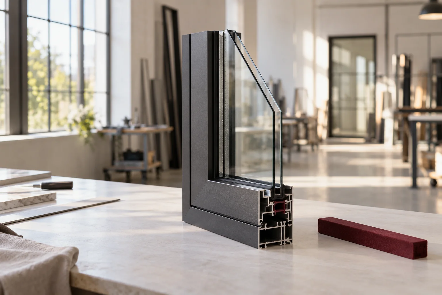 A freestanding cross-section of a precision aluminum window frame with clear glazing on a pale workbench, a burgundy protective spacer, soft expansive workshop background.