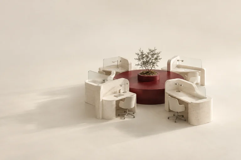 Individual pale workstations surround a shared burgundy circular platform.