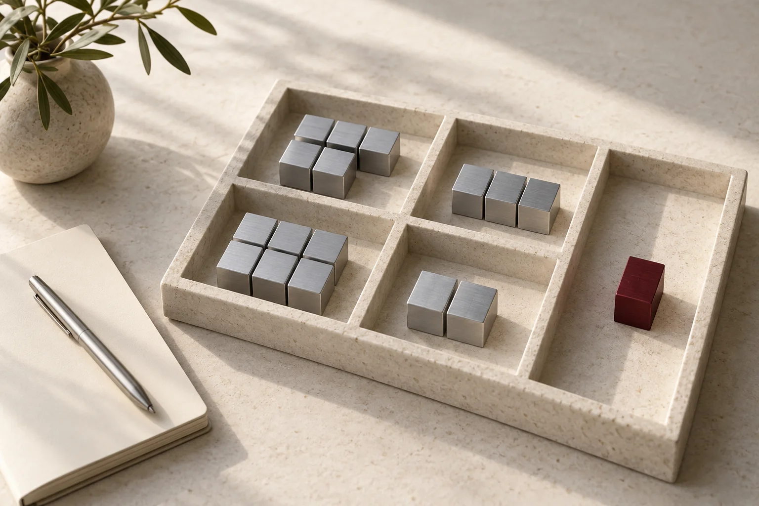 Metal resource blocks allocated across compartments in a stone tray.
