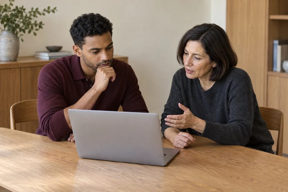 Illustrative AI-generated scene of a junior professional and an experienced advisor reviewing work on an unbranded laptop