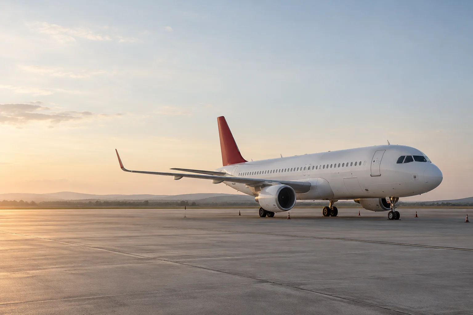 An unbranded white passenger aircraft parked alone on a broad pale airport apron, one muted burgundy tail fin, soft empty sky and precise realistic scale.