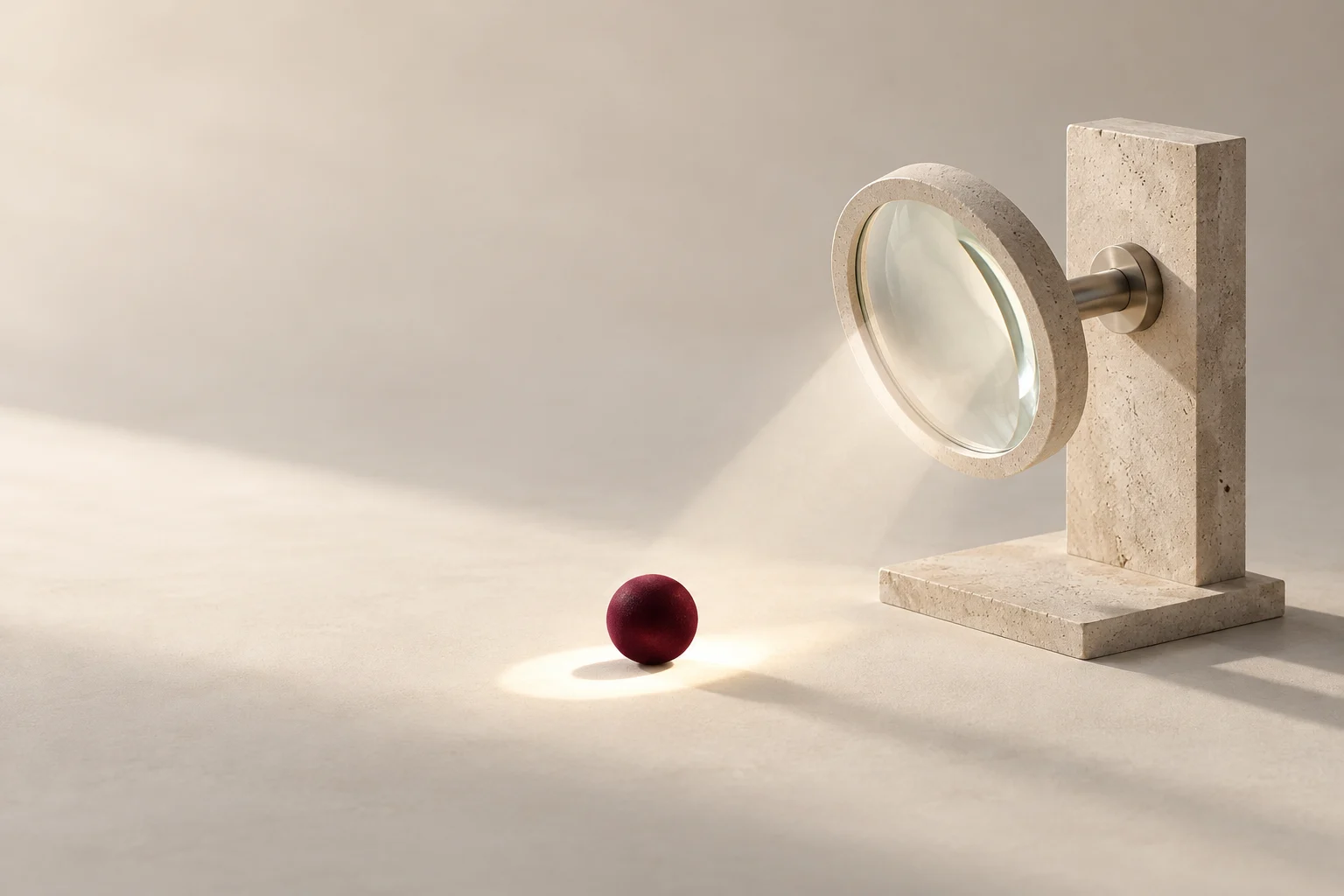 A glass lens on a stone stand focuses light near a burgundy sphere.