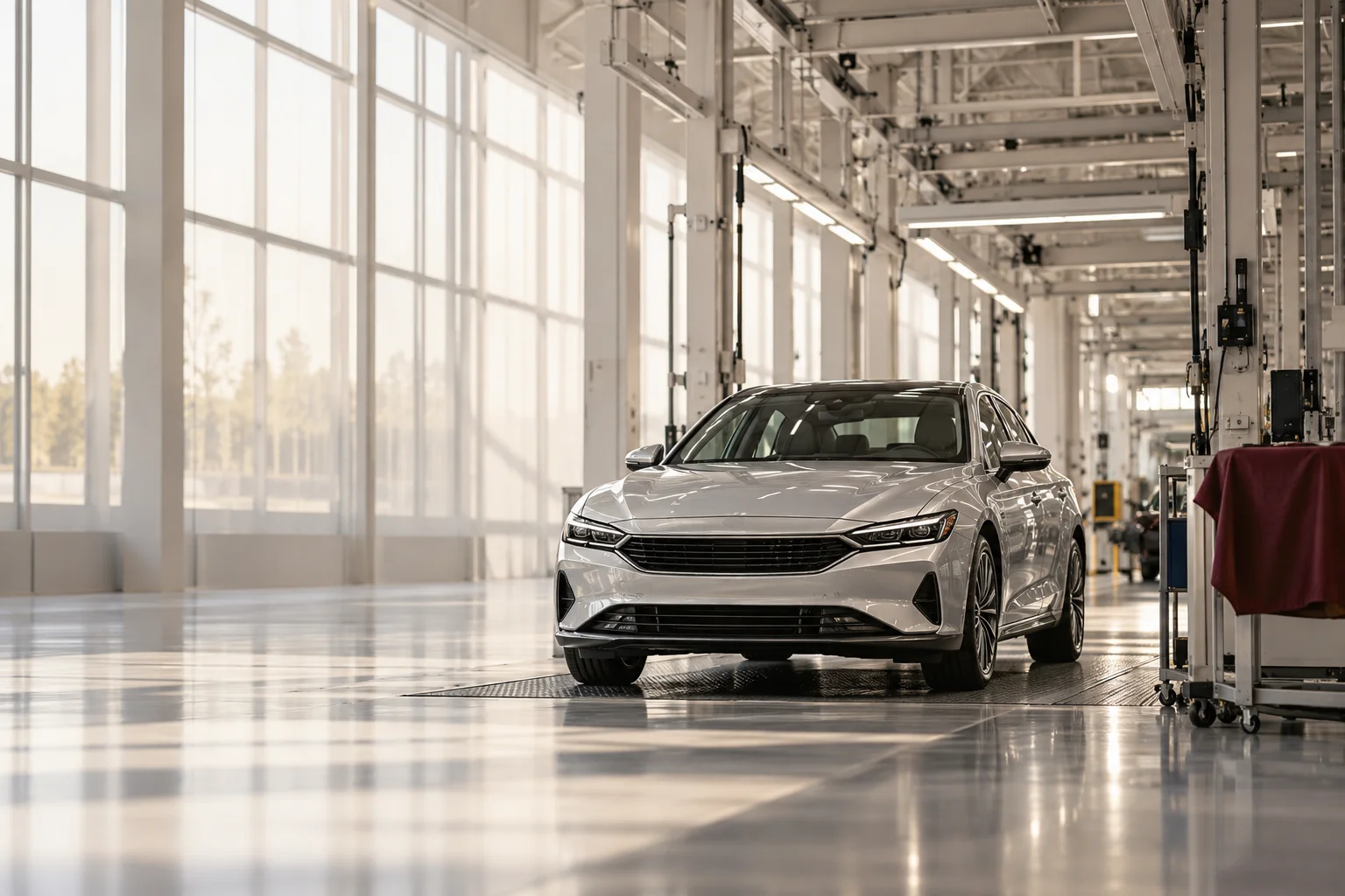 An unbranded finished pale-silver passenger vehicle at the end of a clean understated assembly station, one burgundy body panel protective cloth nearby, broad light industrial architecture.