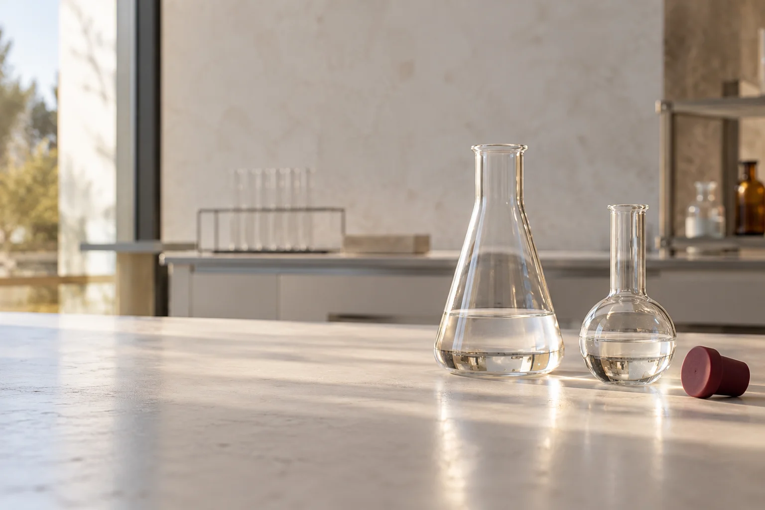 Two clear laboratory glass vessels with a tiny amount of pale transparent liquid and a burgundy silicone stopper on a broad light chemical-development bench, no labels or people.