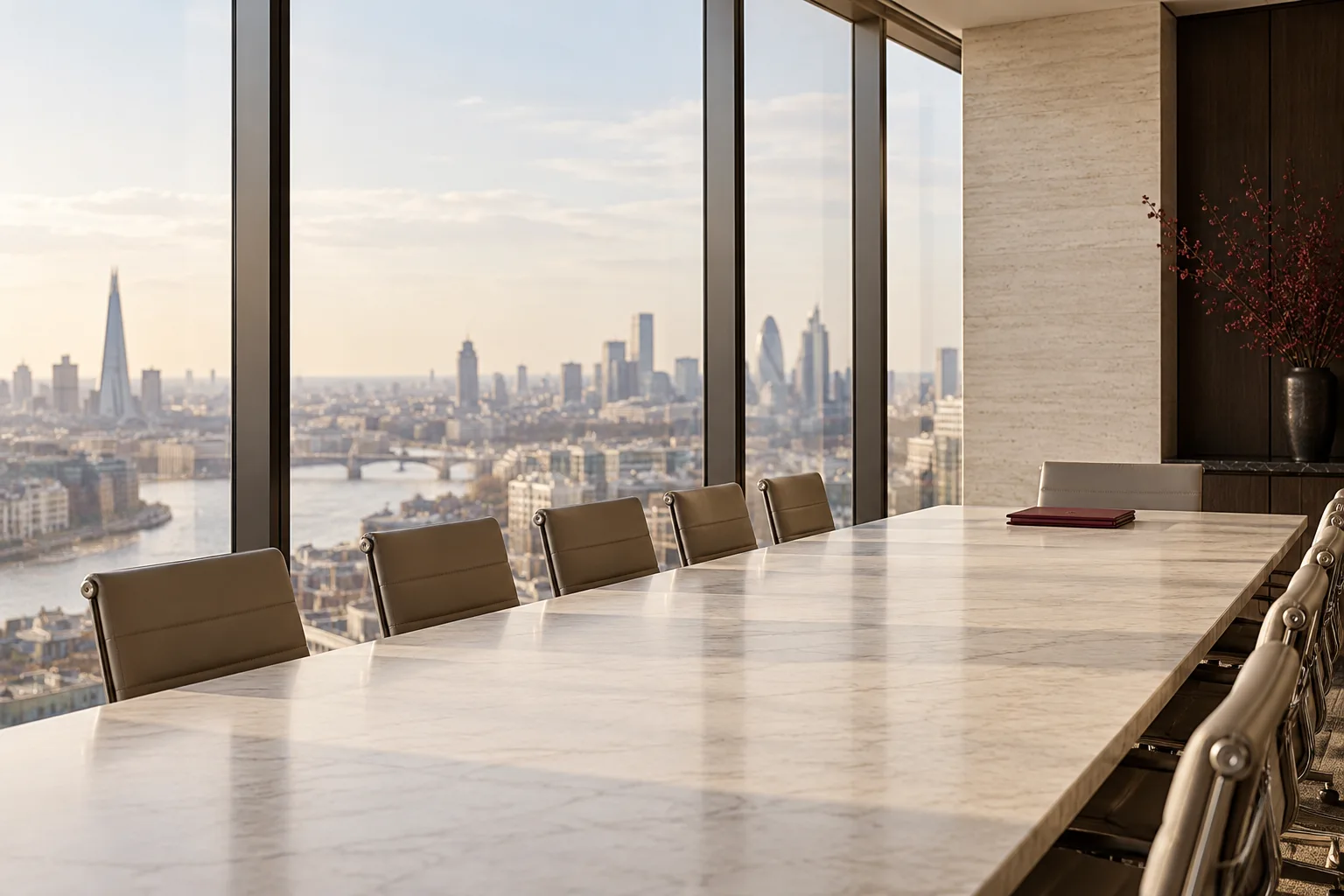 An institutional meeting room with a burgundy folio and a distant commercial skyline.