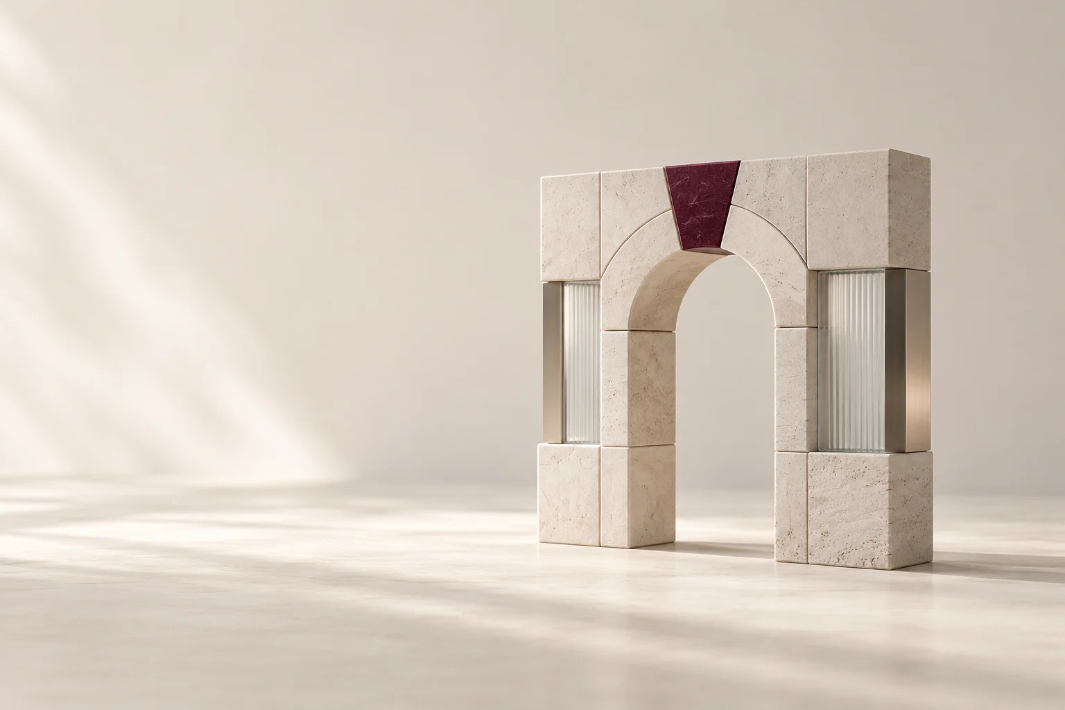 A precisely fitted stone arch is completed by a burgundy keystone.