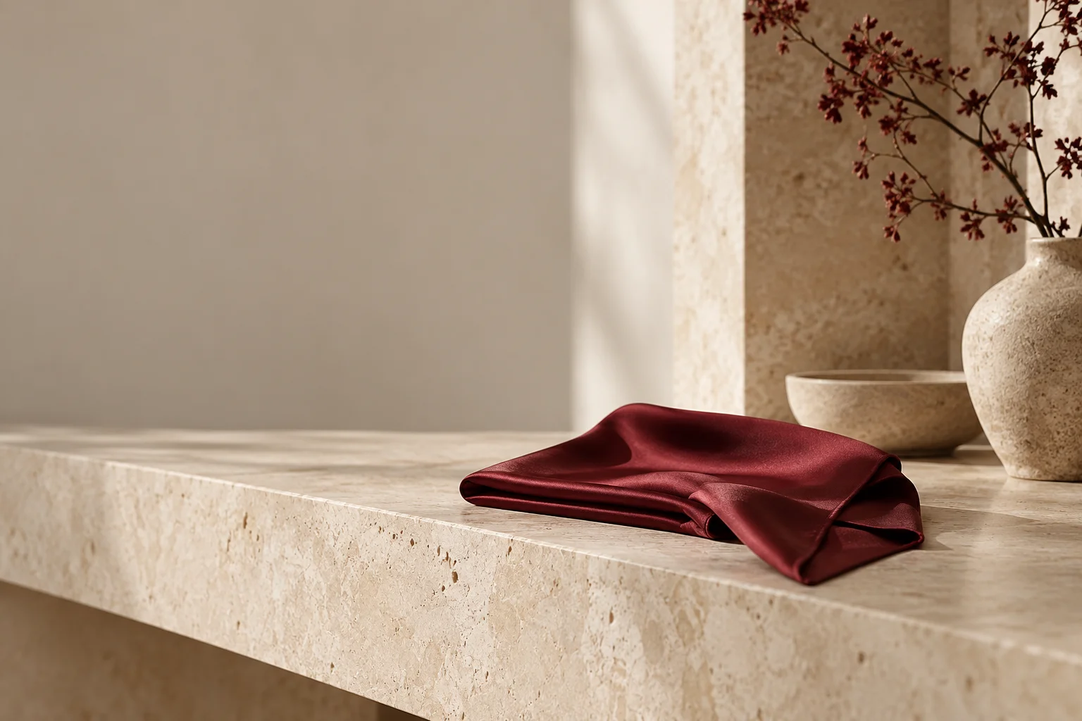 A precisely folded burgundy silk scarf with a subtle natural weave on a wide pale travertine shelf in a quiet atelier, no logos or patterns.