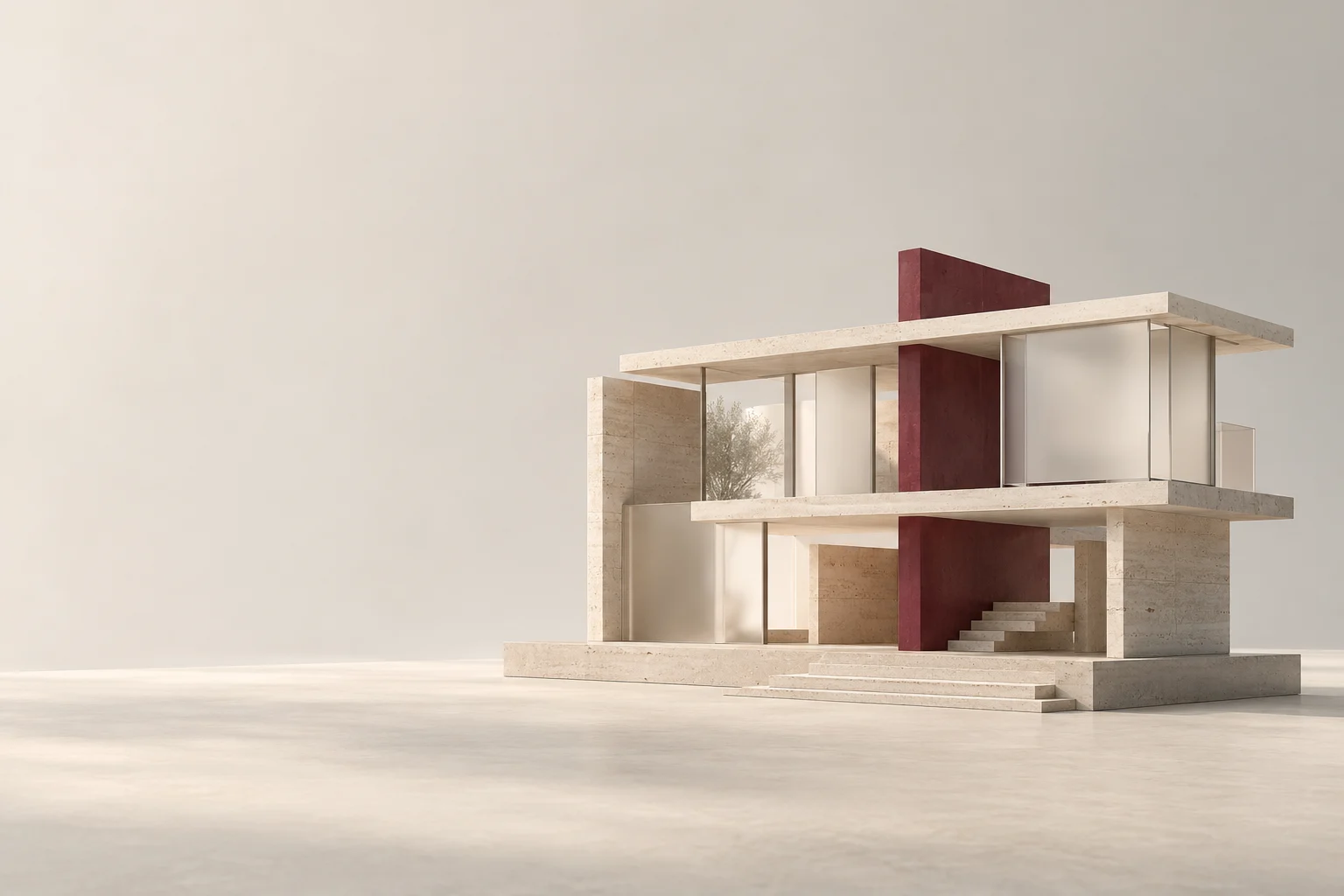 An open stone and glass framework is organized around a burgundy spine.