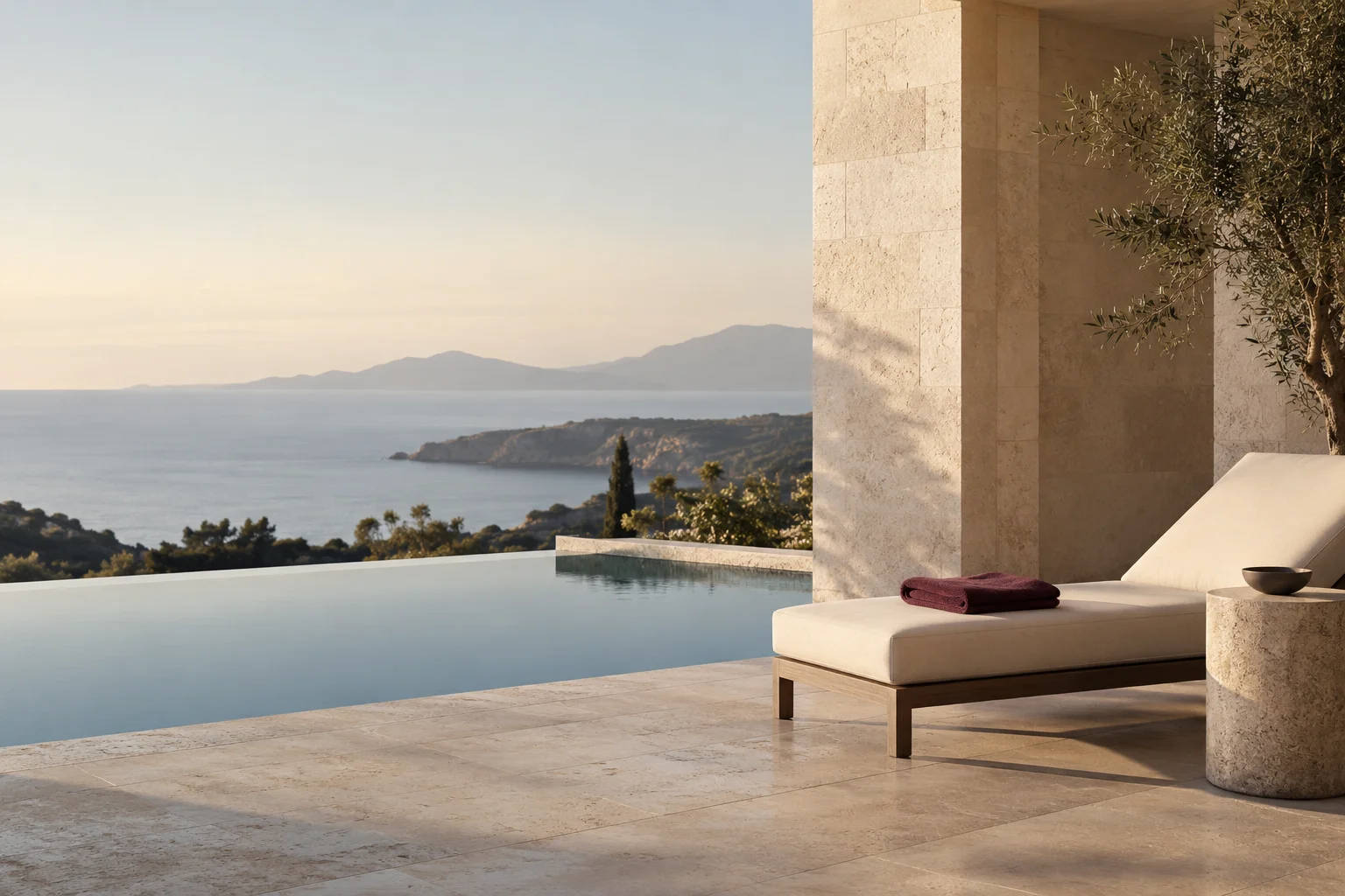 A quiet limestone resort terrace with one ivory lounge chair and a folded burgundy towel beside a still reflective pool, generous architectural negative space.