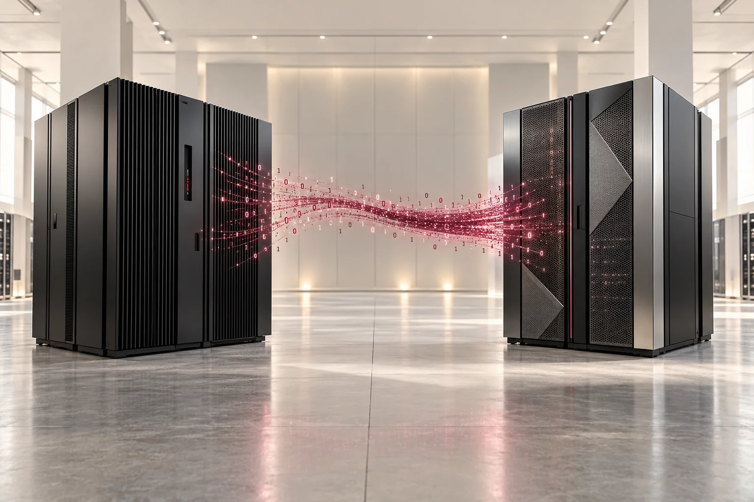 Two distinct enterprise mainframes connected by a burgundy stream of digital data, illustrating the integration of different systems.