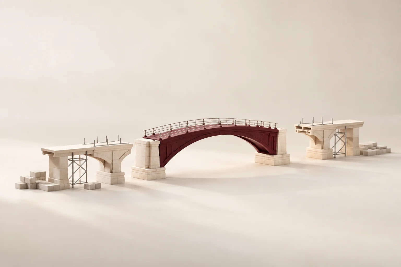 A burgundy bridge span aligns with stone spans on a construction model.