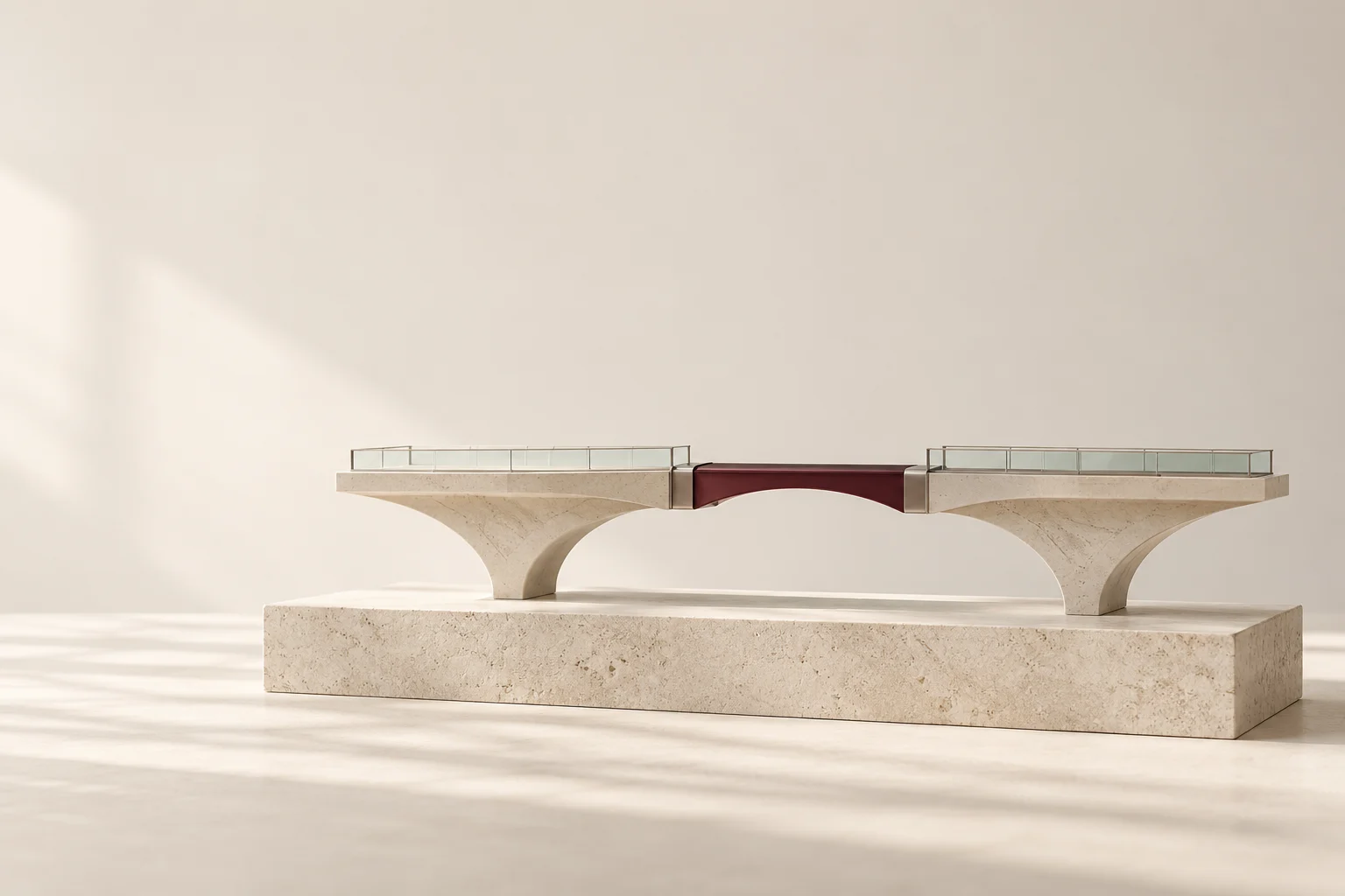A burgundy central span connects two aligned stone bridge segments.