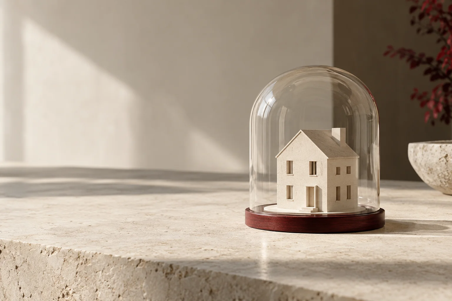 A crafted architectural model of a simple ivory house protected by a clear glass cover on a vast pale stone surface, a small burgundy base detail, tactile editorial still life.