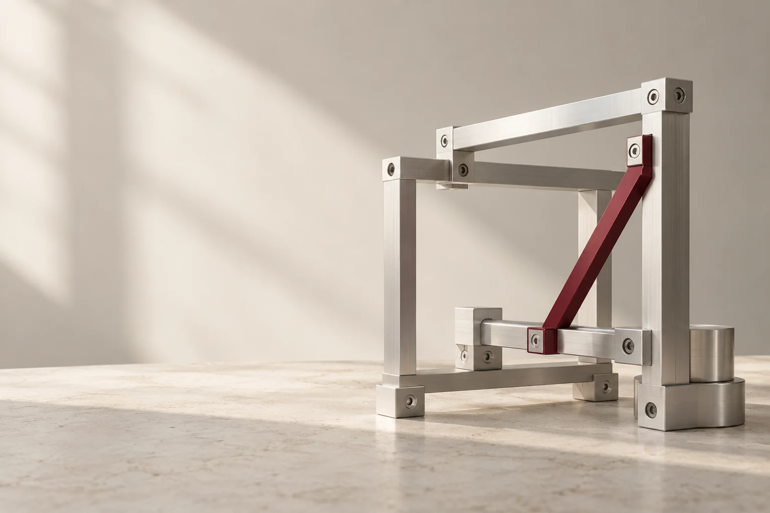A modular aluminum frame with precisely fitted components and one burgundy connecting brace.