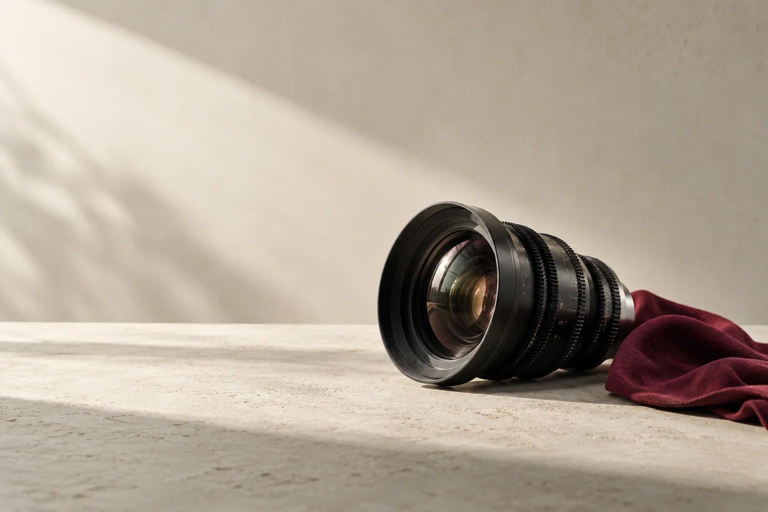 A professional cinema lens on a broad pale studio surface beside a restrained burgundy lens cloth, softly lit neutral studio wall and generous empty space.