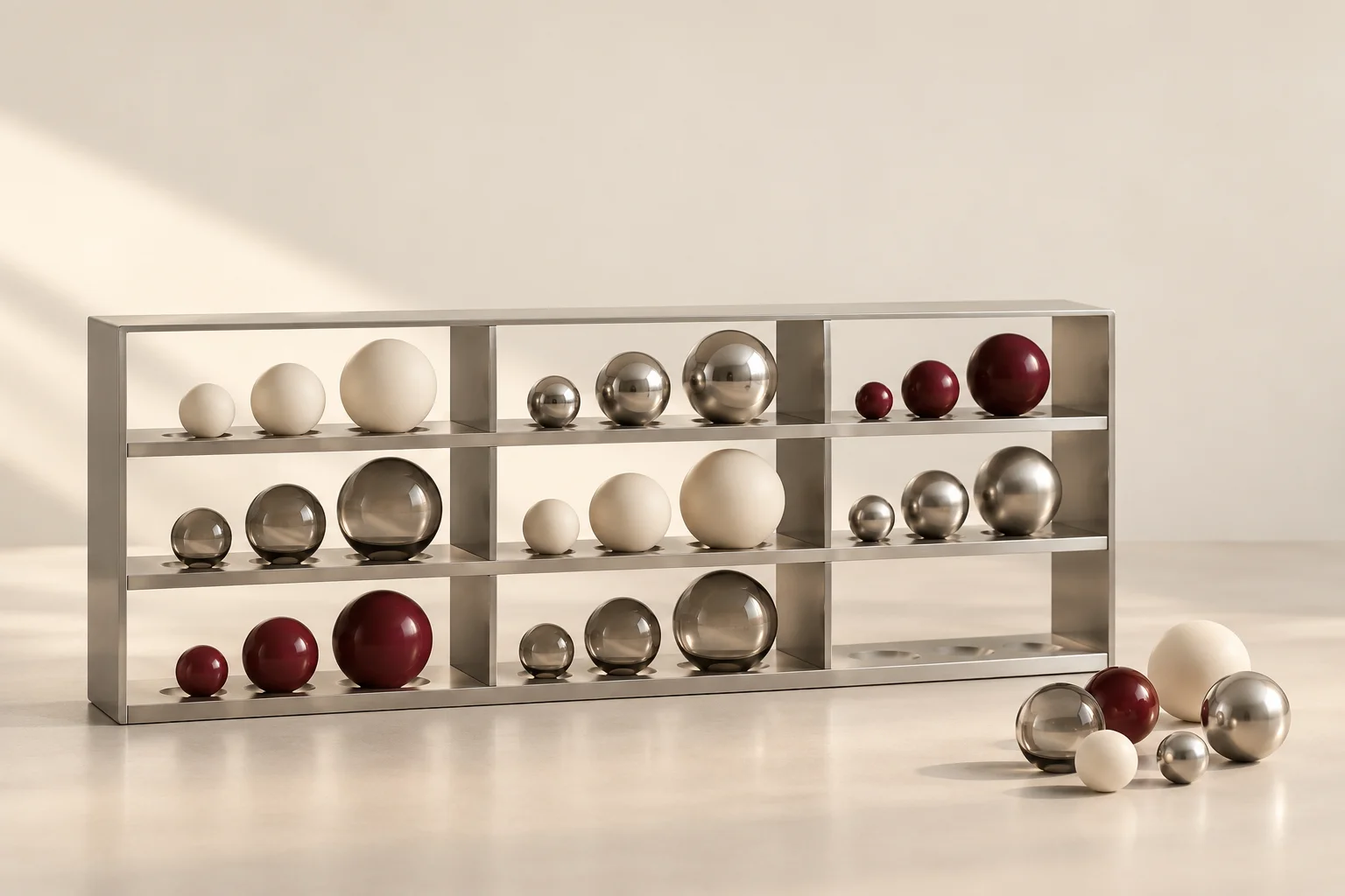 Spheres grouped by material and size on a metal shelf, with burgundy accents and a small unsorted cluster beside it, illustrating data governance.