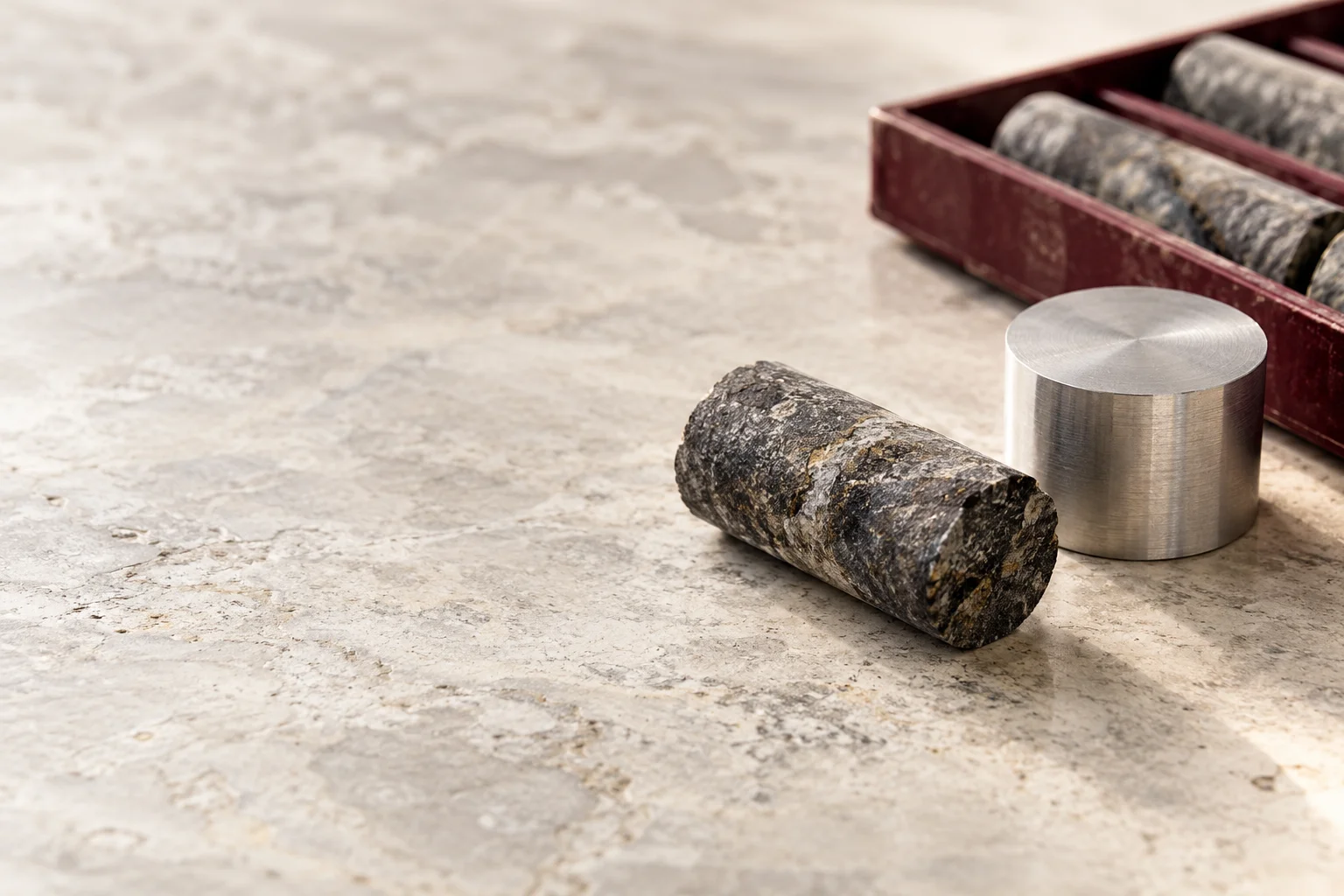 A small precisely cut dark mineral core sample beside a brushed aluminum billet on an expansive pale geological workbench, one burgundy core tray edge, natural textures.