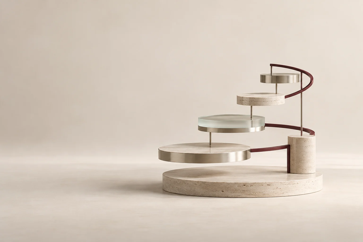 A continuous burgundy rail guides a rising sequence of stone and metal platforms.
