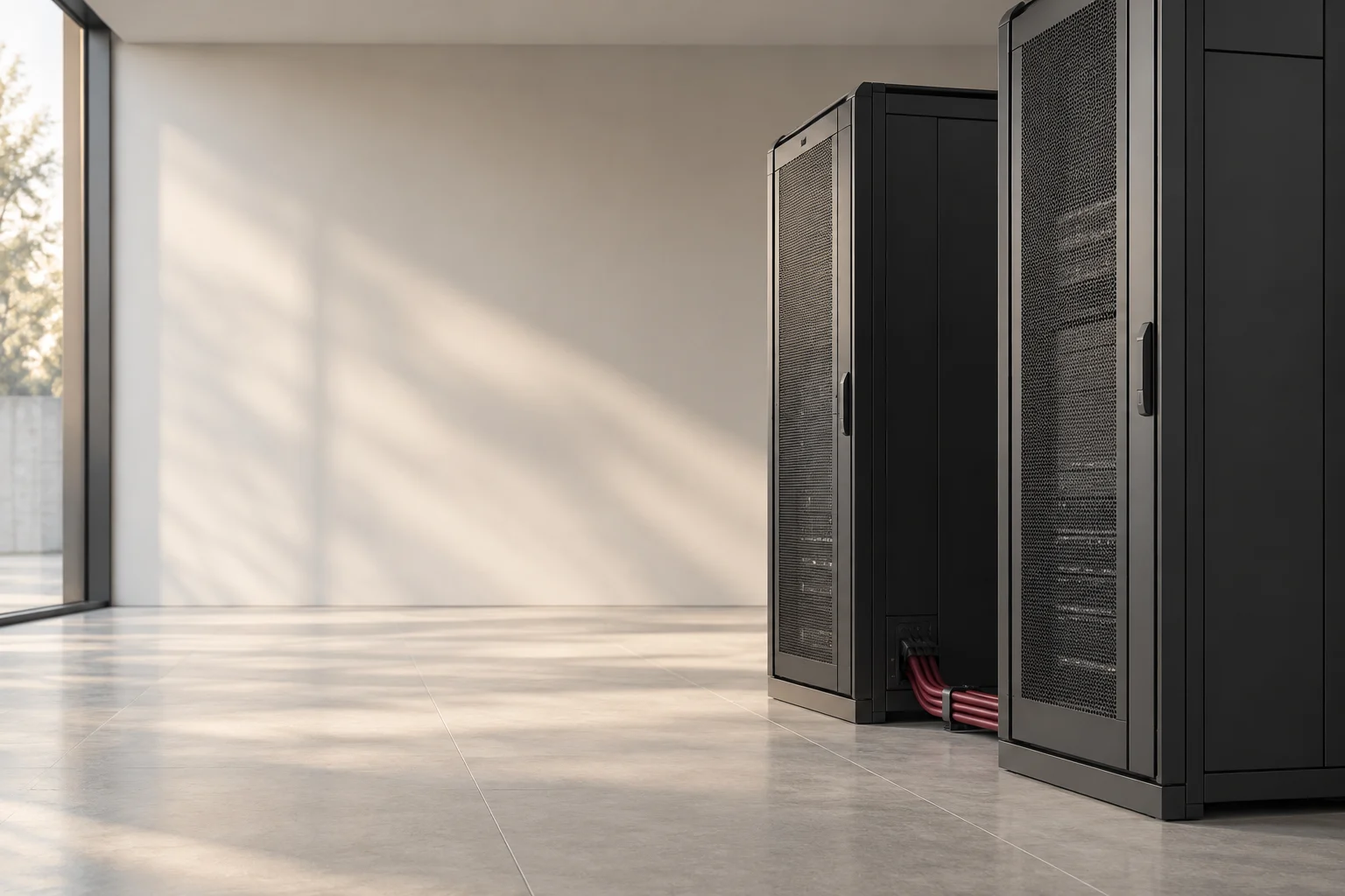 Modern enterprise computing cabinets in a pale hall, connected by a discreet burgundy conduit.