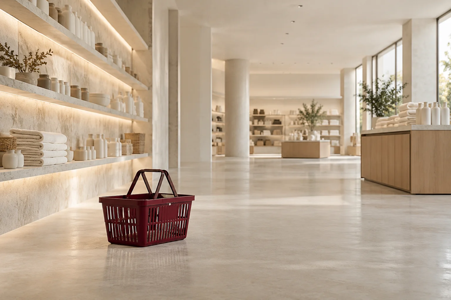 A quiet refined retail aisle with a single burgundy handled shopping basket in the foreground and sparse orderly shelves of unlabelled pale goods, broad blank ceiling and floor.