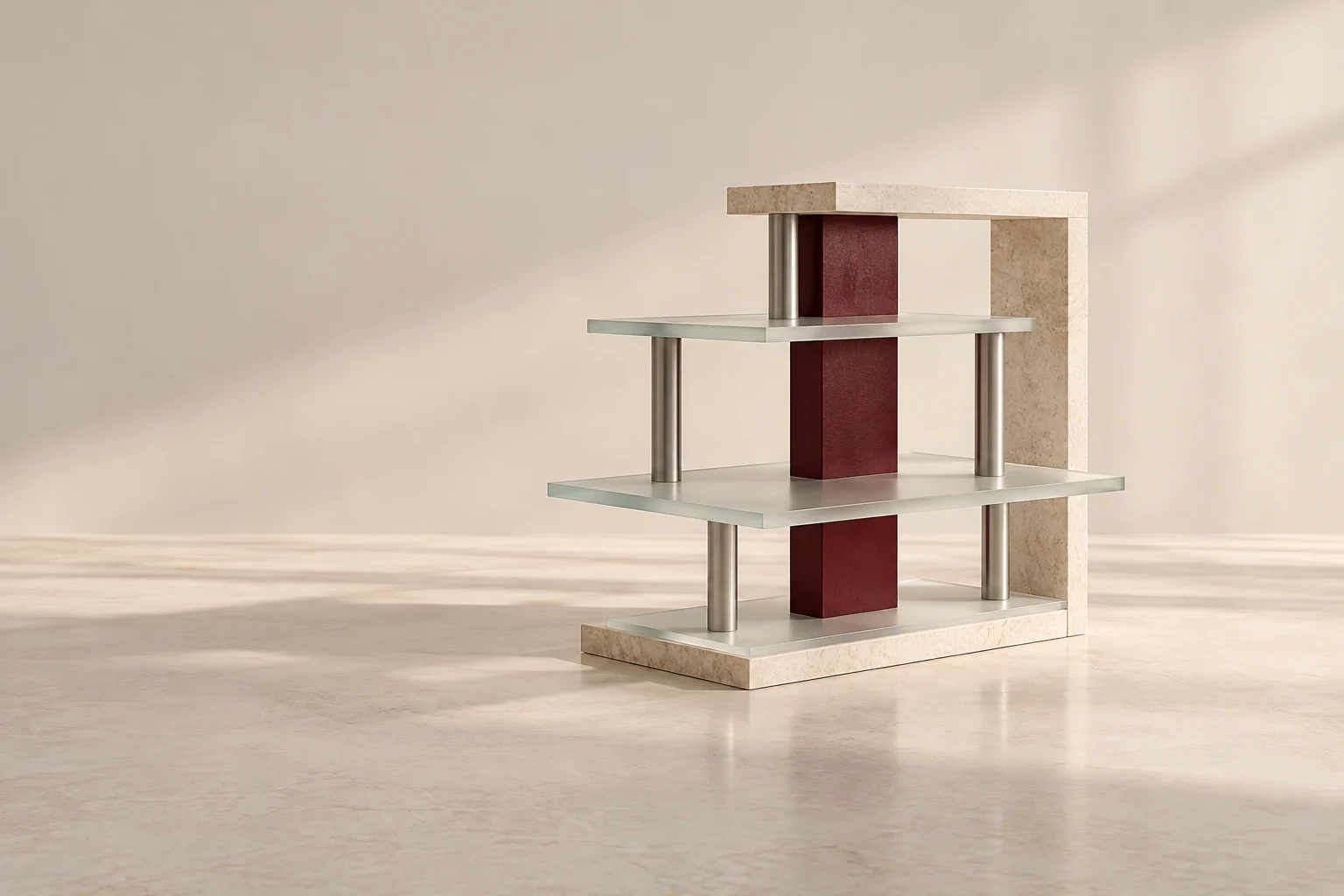 Three glass platforms connect around a burgundy core in an open stone frame.