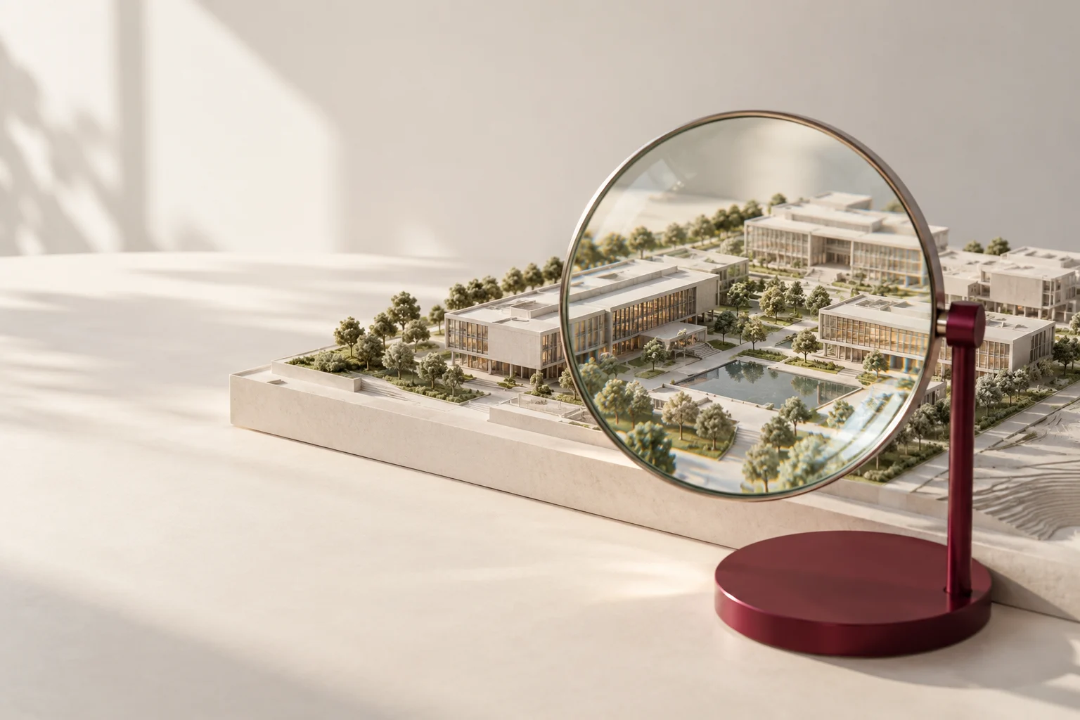 A modern campus model inspected through a clear lens on a burgundy stand.