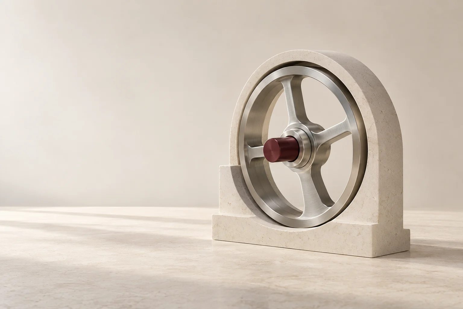 A brushed-metal wheel with a burgundy spindle sits inside a stone frame.